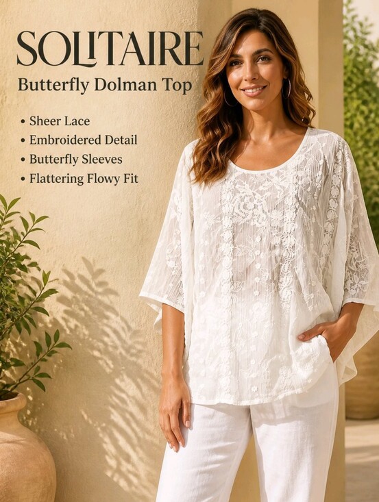 Solitaire Tops - Solitaire Flowy Sheer Lace Embroidered Detailing Top Butterfly Dolman Sleeves